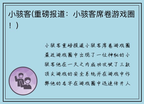 小骇客(重磅报道：小骇客席卷游戏圈！)
